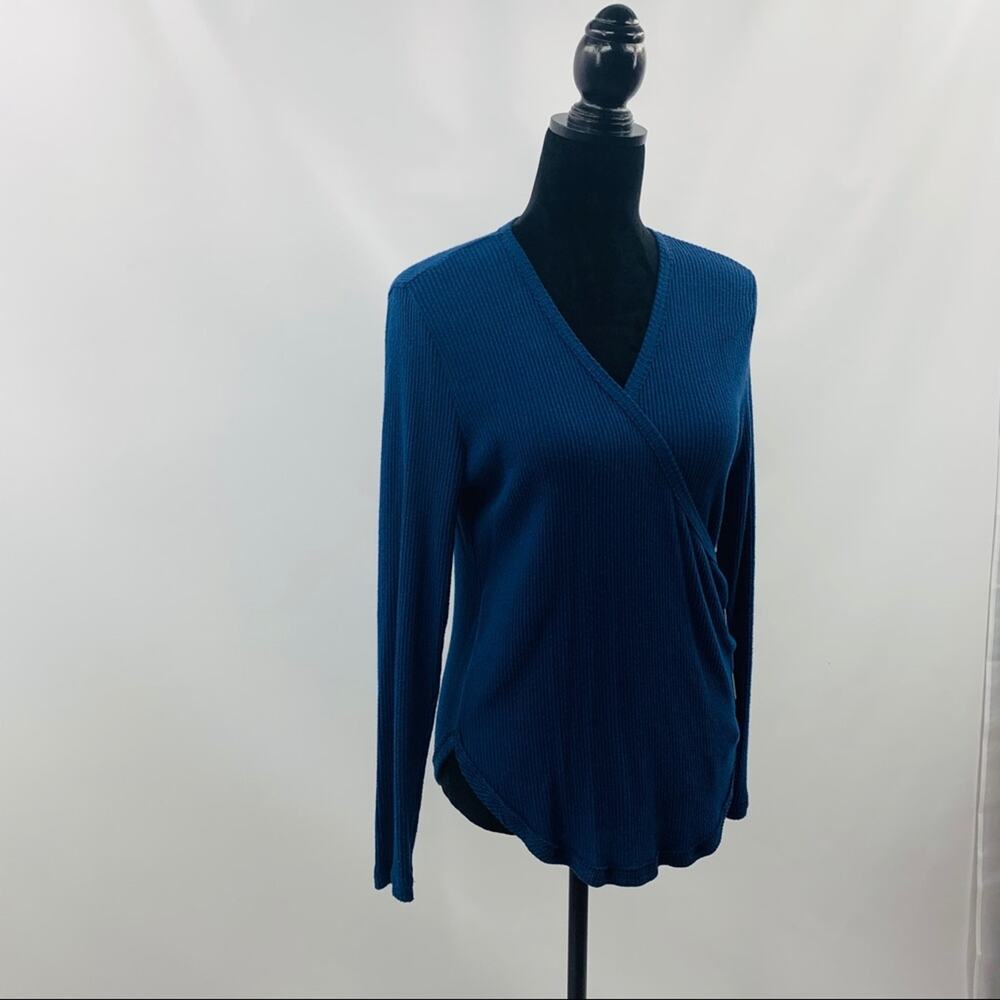 Caslon Dark Blue Faux Wrap V Neck Ribbed Tee - Picture 3 of 10